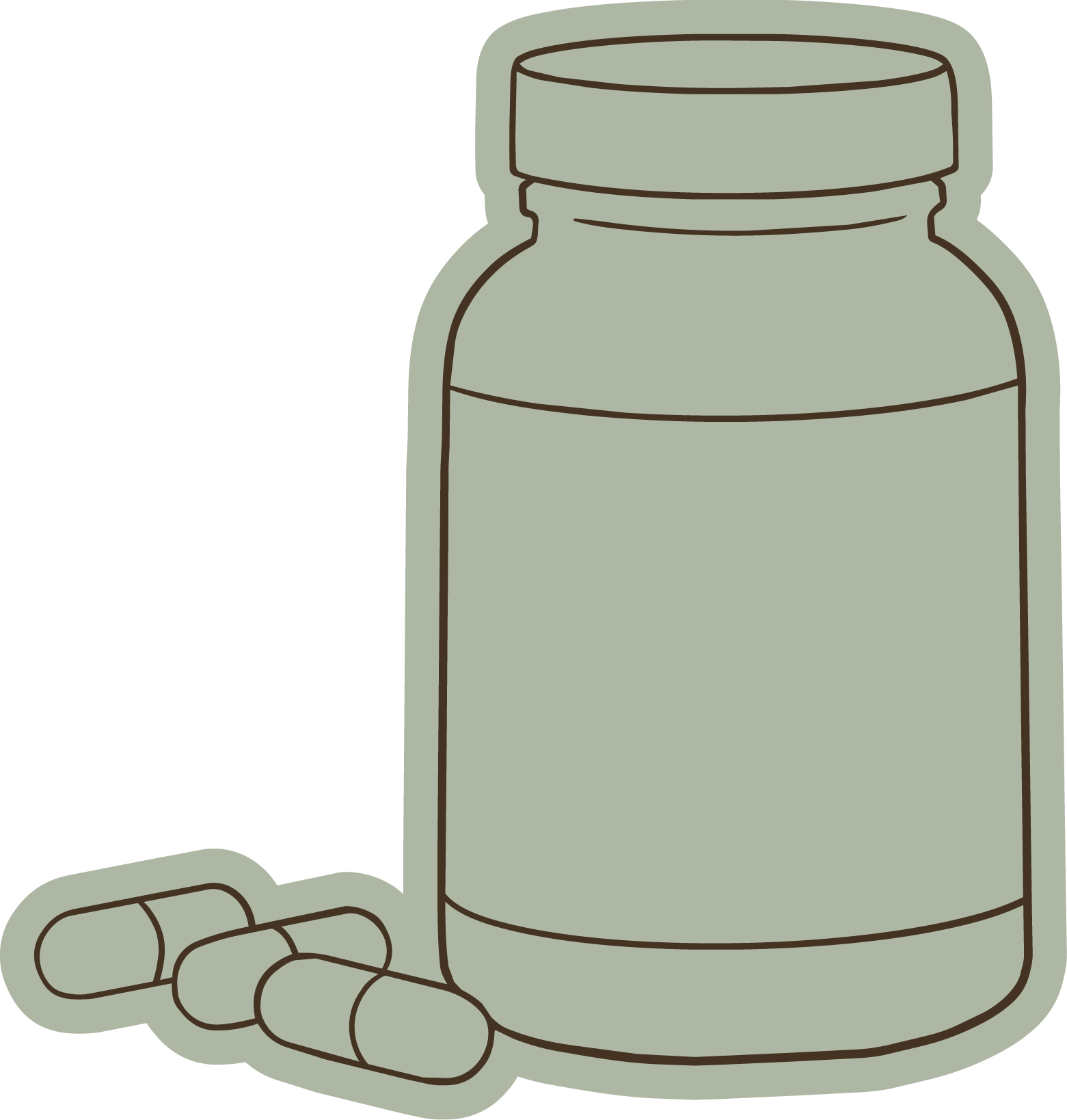 A drawing of a large medicine bottle with pills scattered around its base.