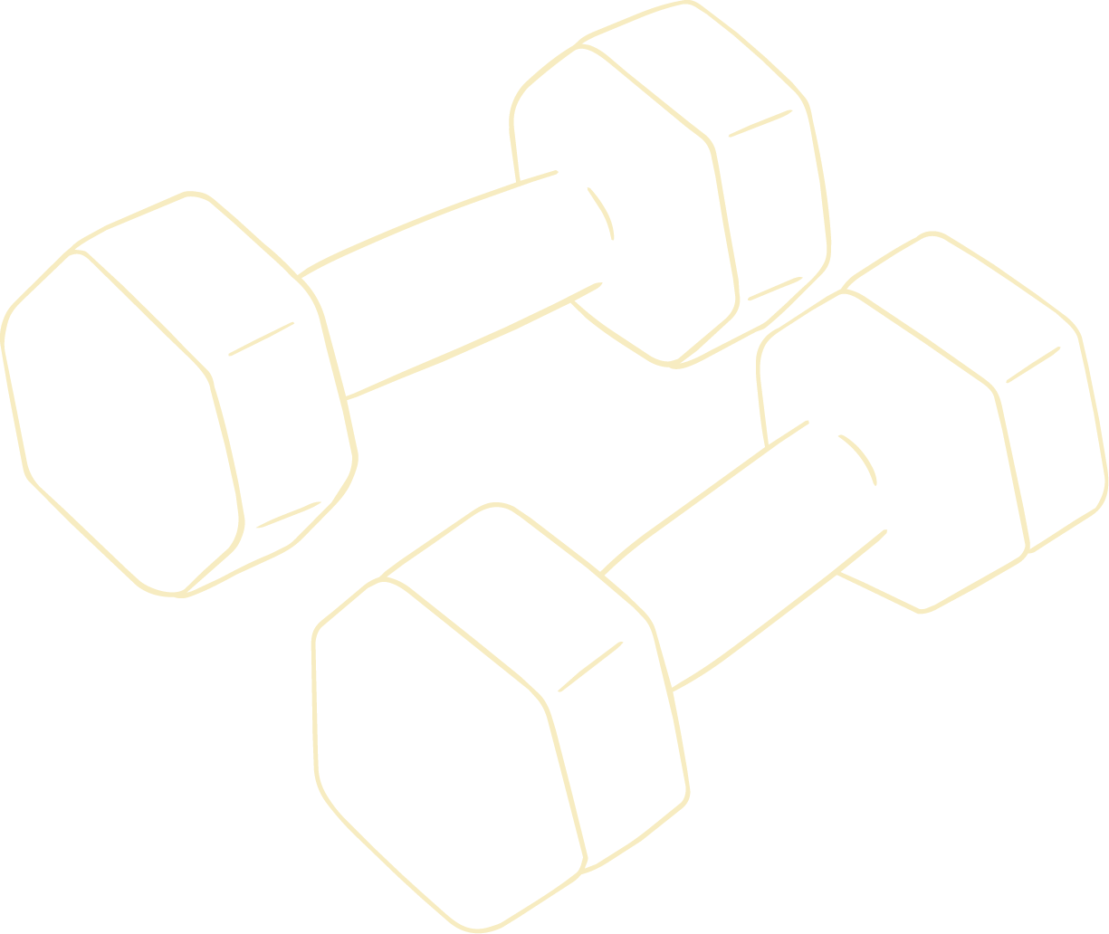 Outline drawing of a pair of dumbbells with hexagonal weights and a straight handle.