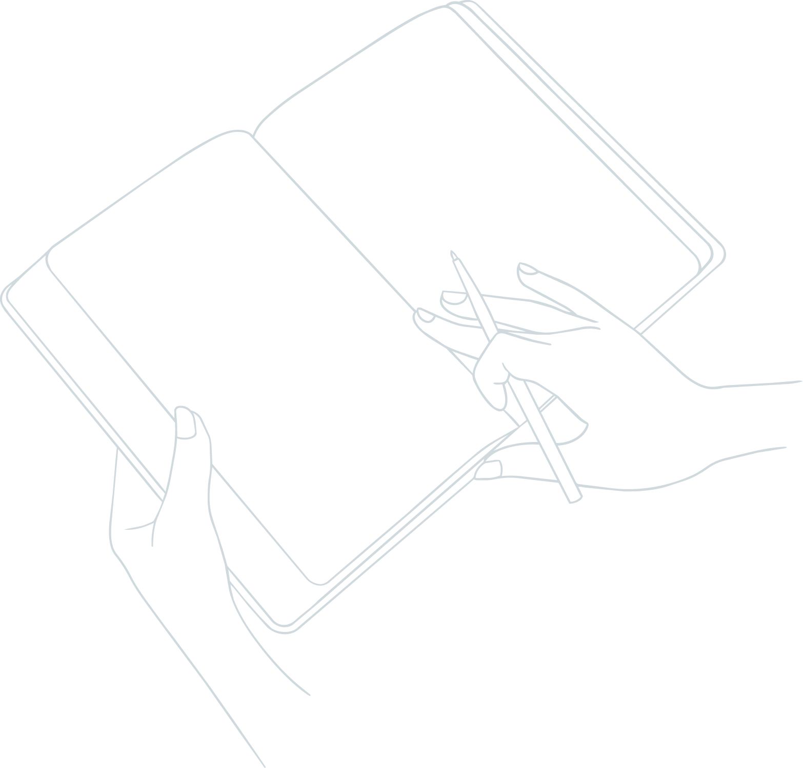 Line drawing of a person holding a smartphone and using a stylus to write or draw on the screen.