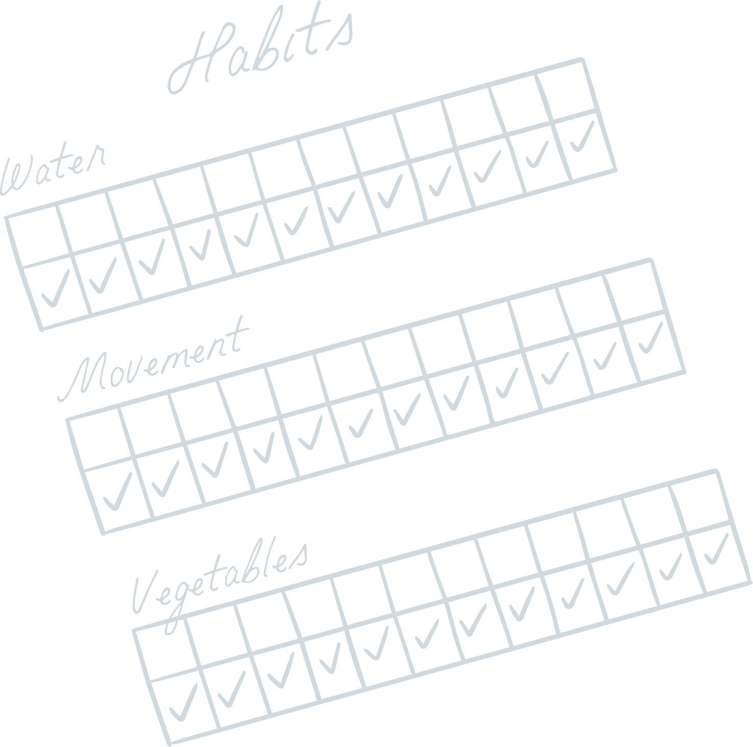 A blackboard-style chart with white handwritten text and checkboxes, titled 'Habits,' 'Water,' 'Movement,' and 'Vegetables,' with all checkboxes checked.