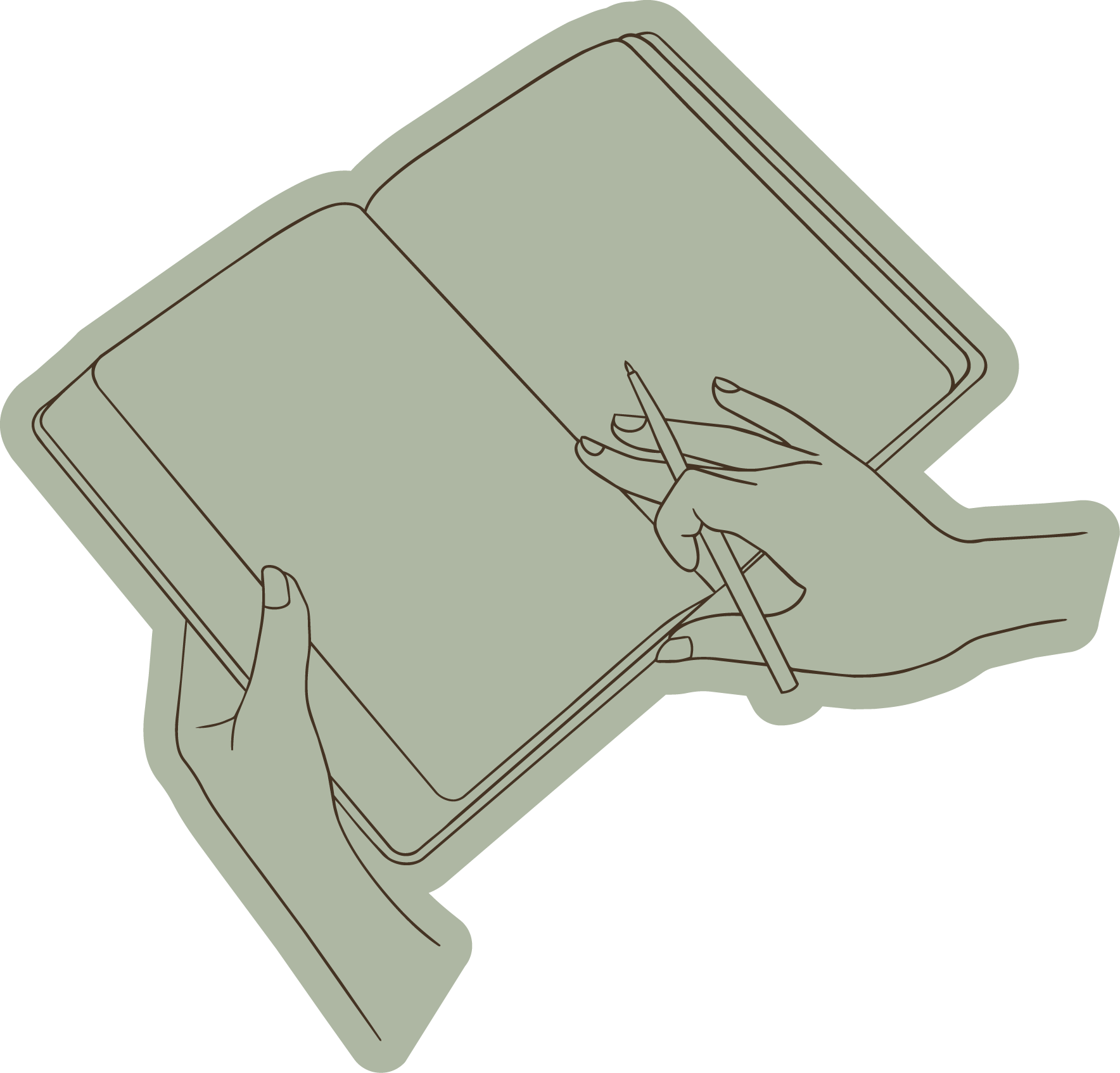 Illustration of a person holding a tablet computer with a stylus, writing or drawing on the screen.