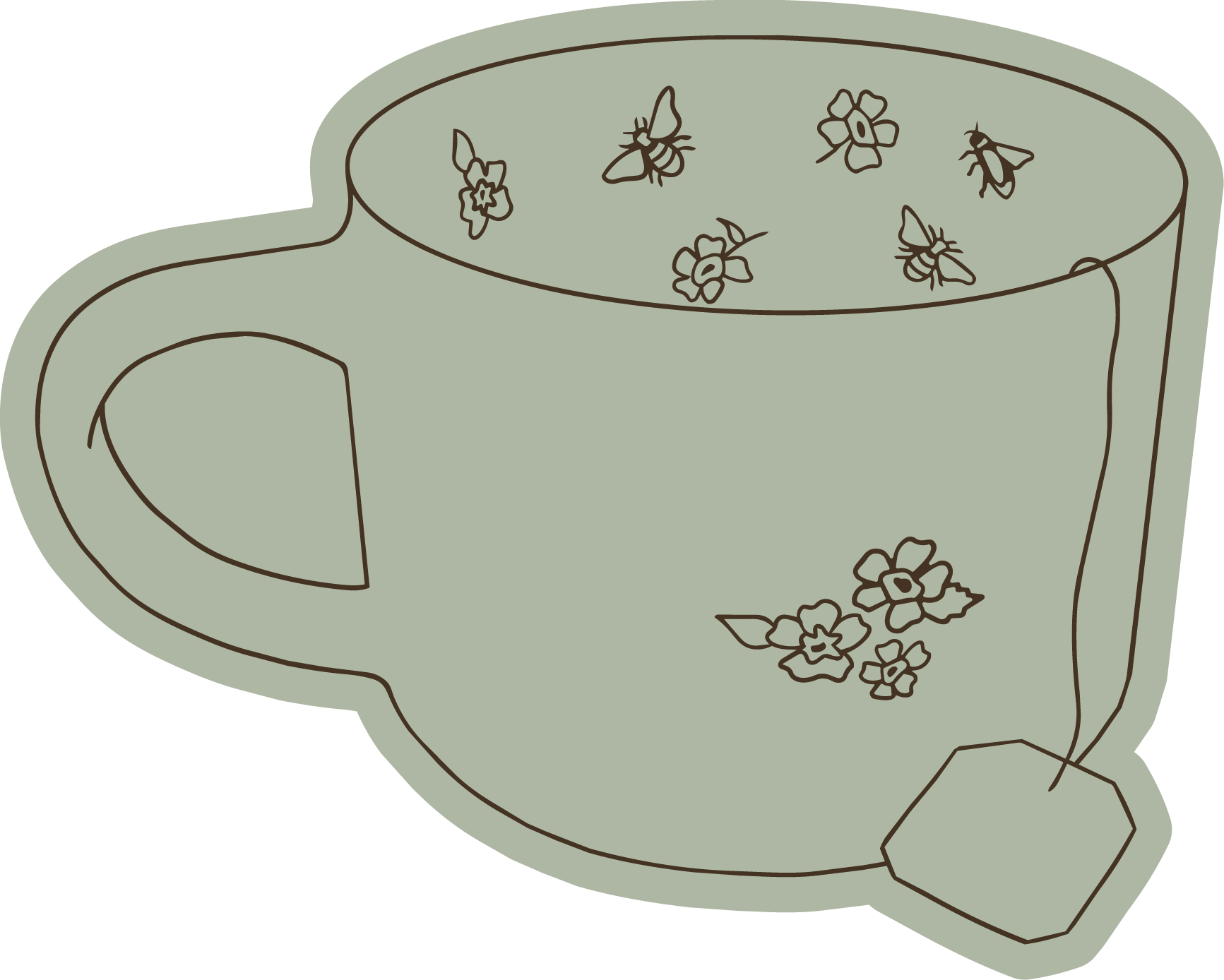 A drawing of a teapot with flowers and bees on its surface in a minimalist, sketch style.