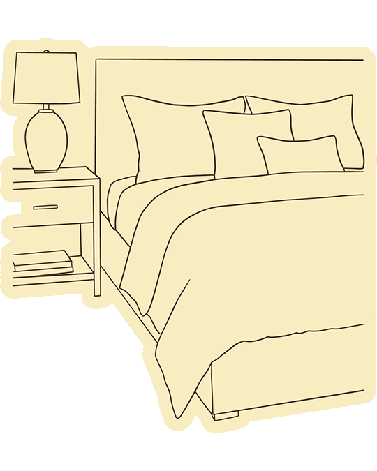 Line drawing of a neatly made bed with multiple pillows, next to a nightstand with a lamp and books.