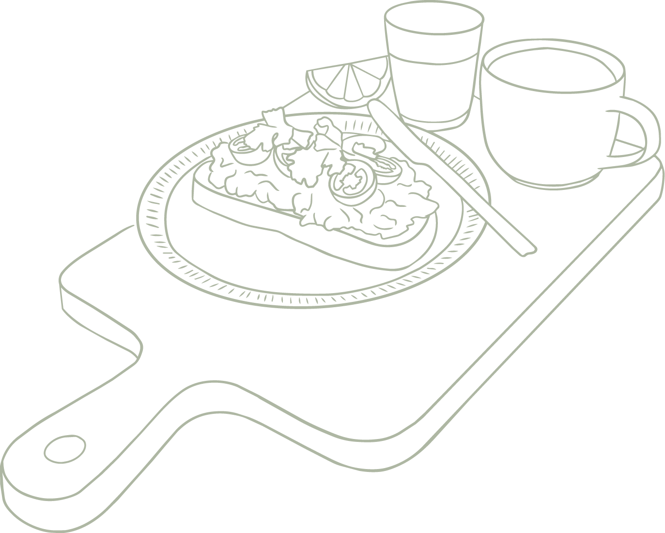 Line drawing of a breakfast tray with a cup of coffee, a glass of water, a lemon wedge, and a plate of food with a fork.