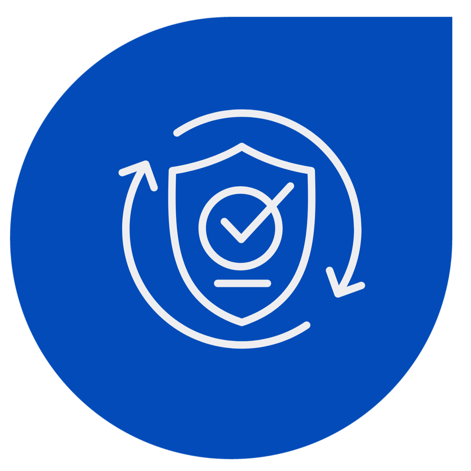 Blue circular icon with a white shield containing a checkmark, surrounded by circular arrows indicating continuous protection or security.