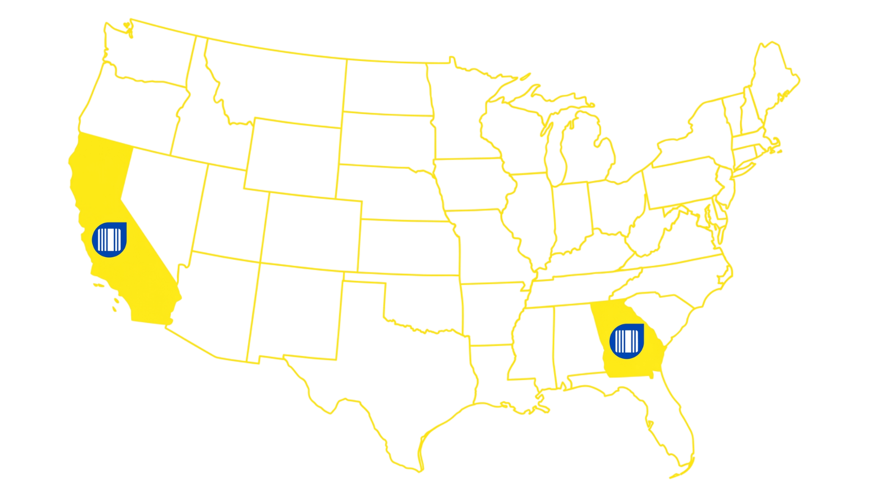 Map of the United States highlighting California and Georgia with barcode symbols in these states.