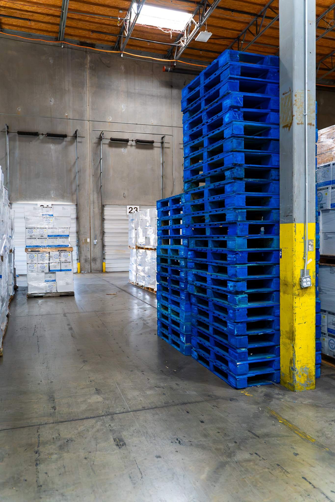 View of a warehouse with stacked blue pallets to the right and white boxes on pallets to the left. Concrete walls and floor, with a high ceiling featuring a skylight and exposed structural beams.