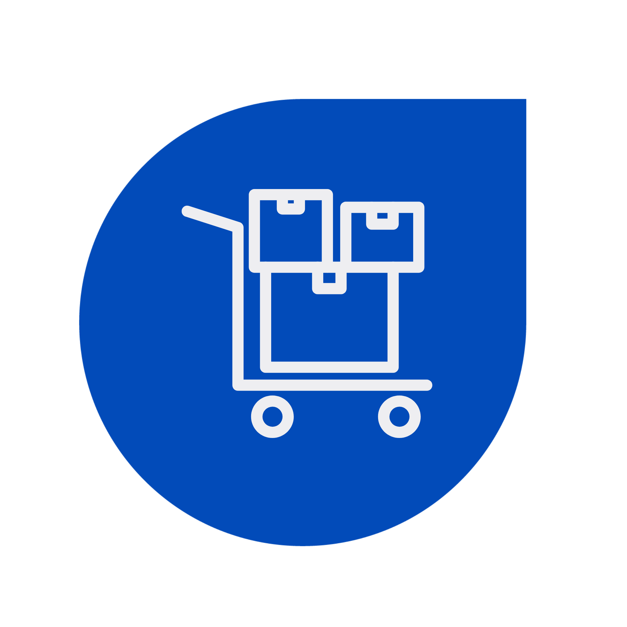 Blue circular icon with white shopping cart outline and packages inside.