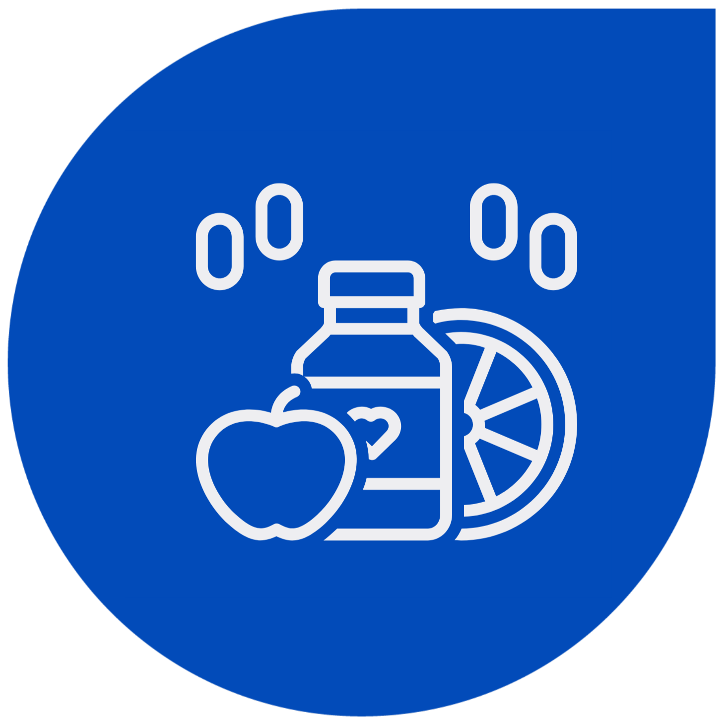 A blue circular icon featuring a water bottle, an apple, a lemon slice, and a wheel with a dotted line, symbolizing healthy eating and hydration.