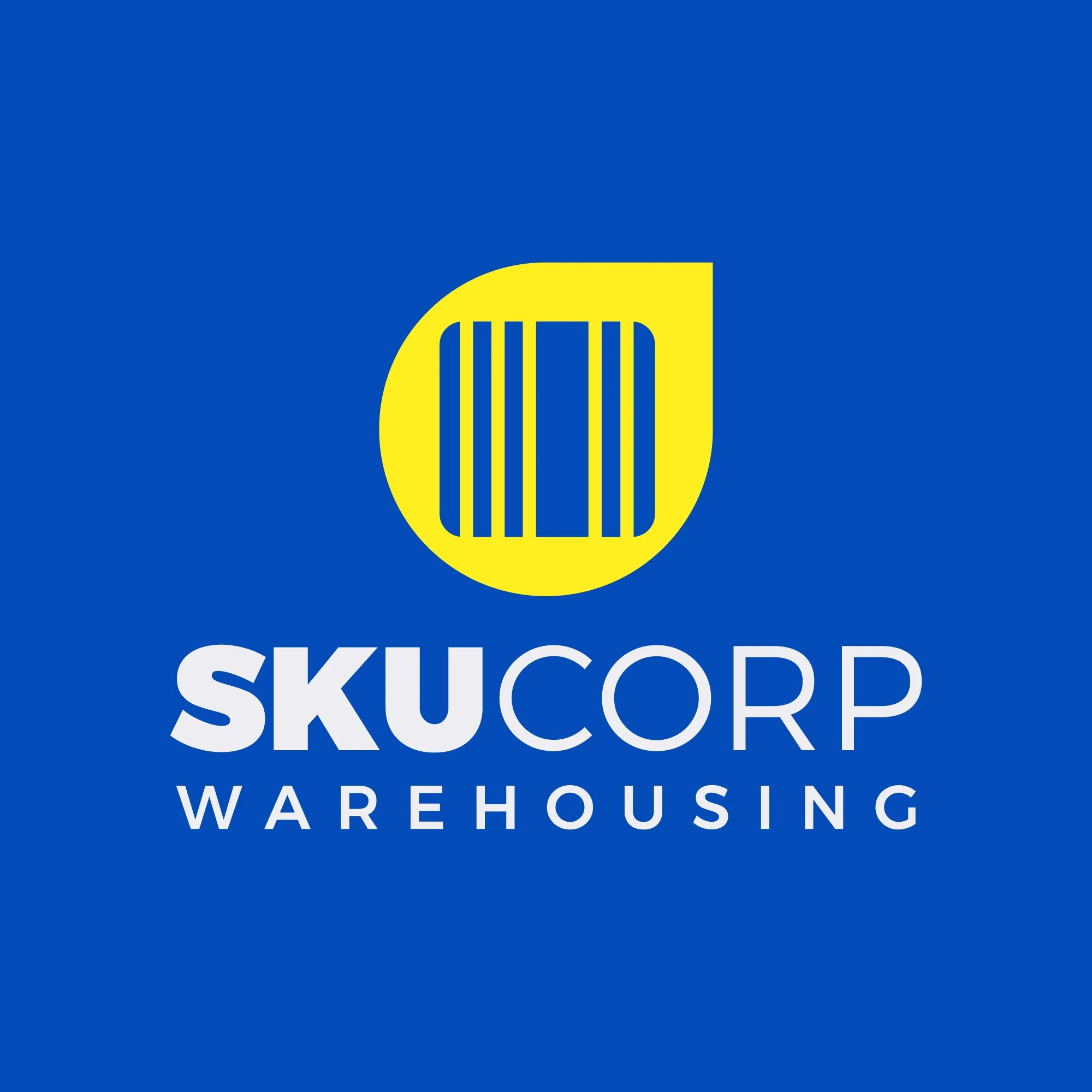 Blue background with the Skucorp Warehouse logo featuring a yellow circle with a stylized yellow and blue 'S' and the words 'SKUCORP WAREHOUSE' in white.