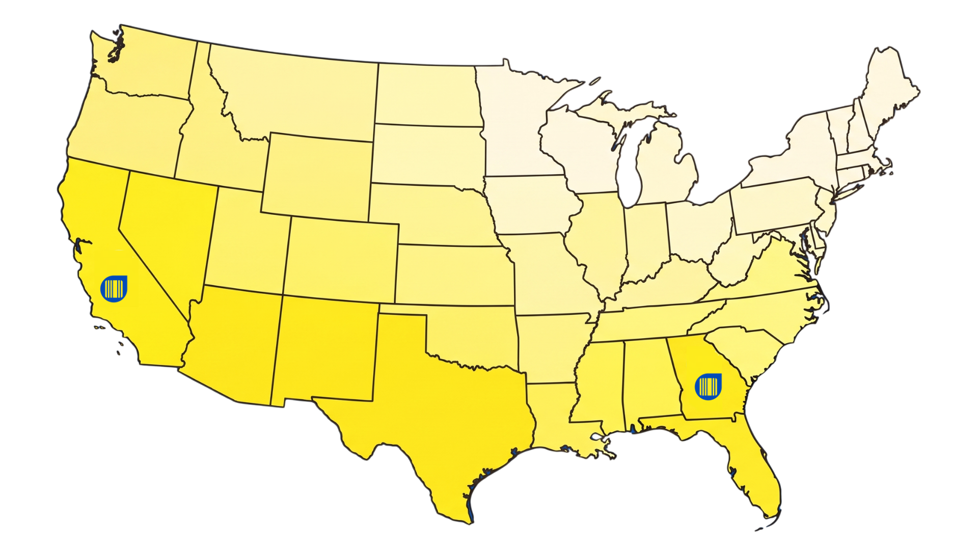 Map of the United States highlighting in yellow all states and having two pointers to California and Georgia