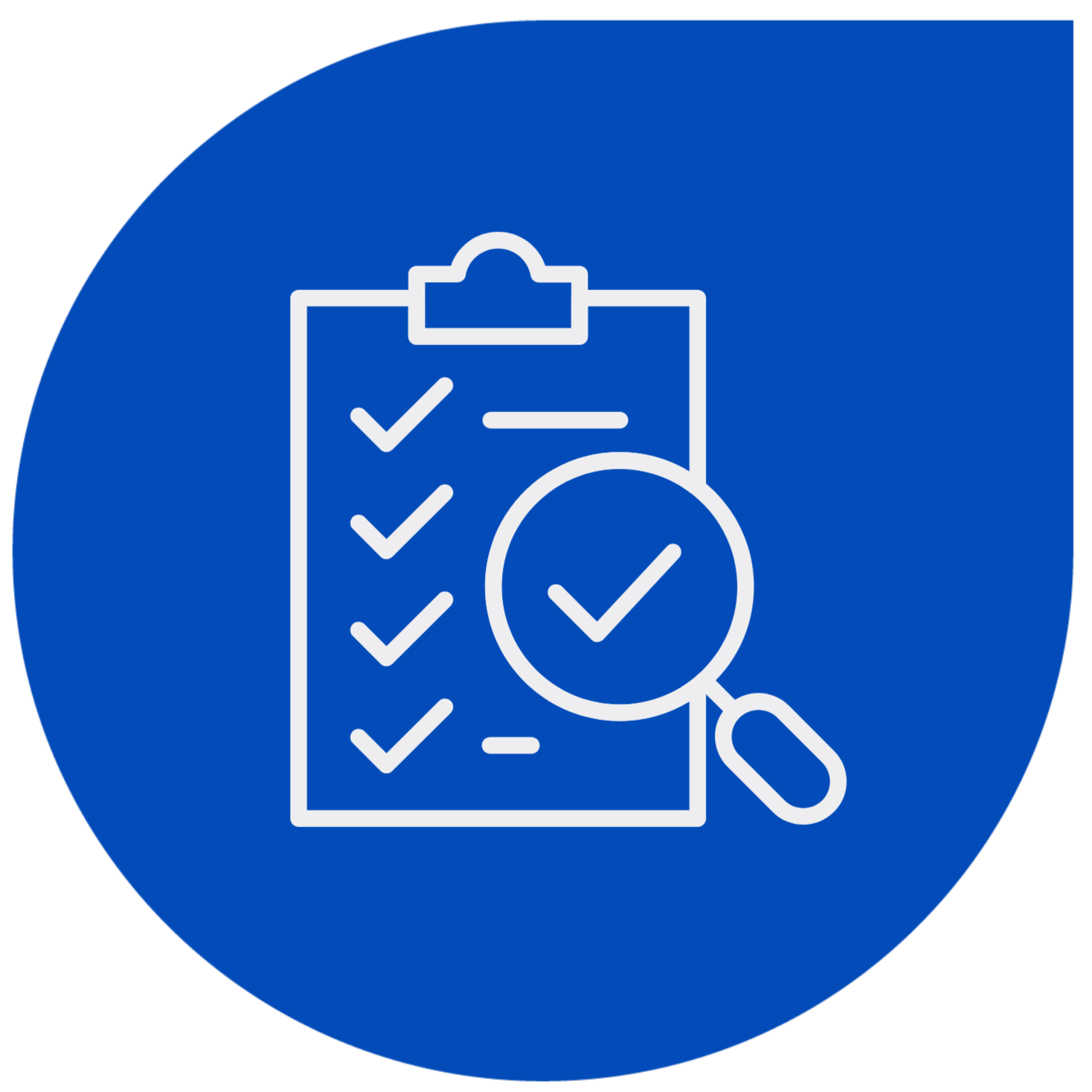 Icon of a clipboard with checklist items, a magnifying glass with a check mark, and a blue background.