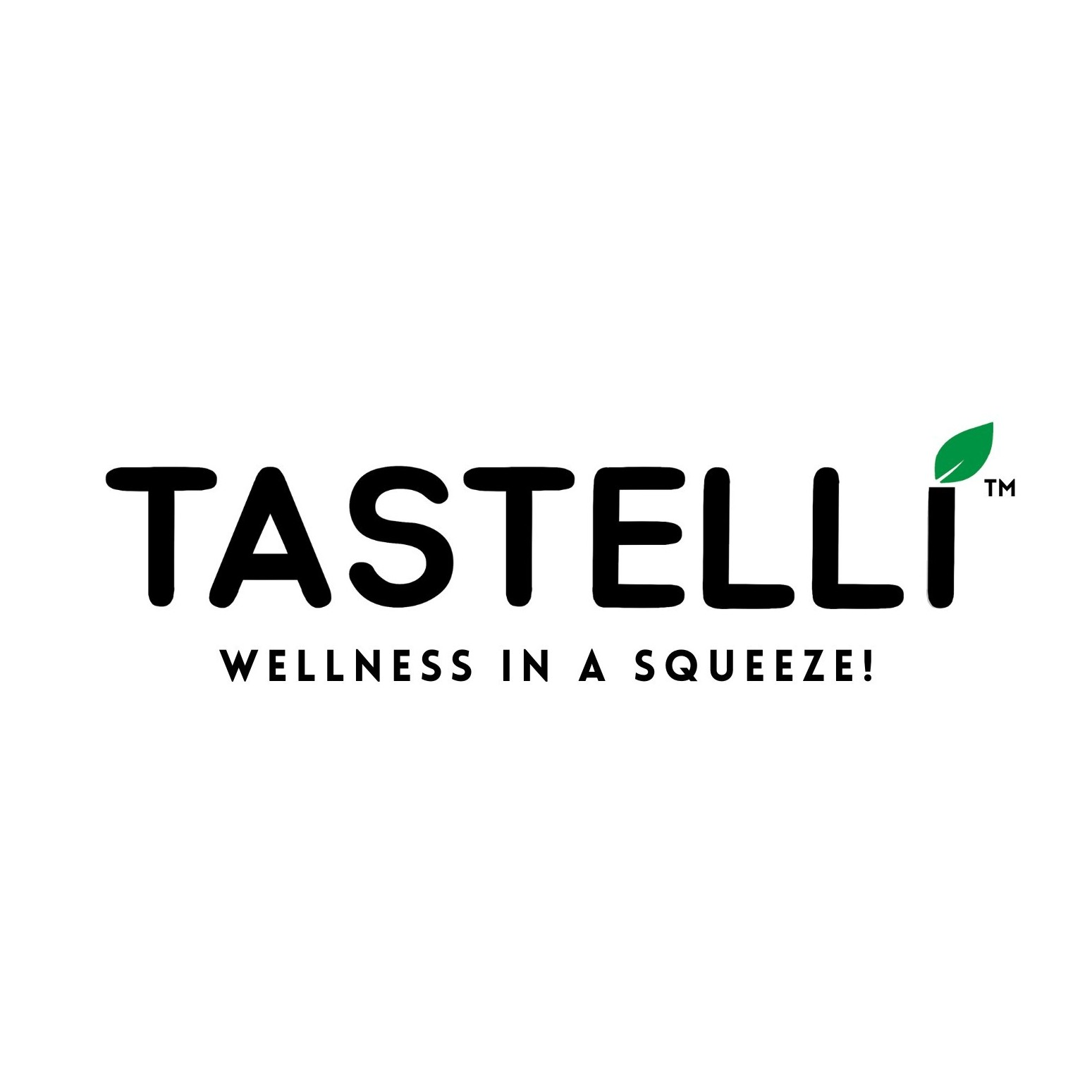 Logo with the word TASTELLI, a small green leaf above the letter I, and the slogan 'Wellness in a Squeeze!'