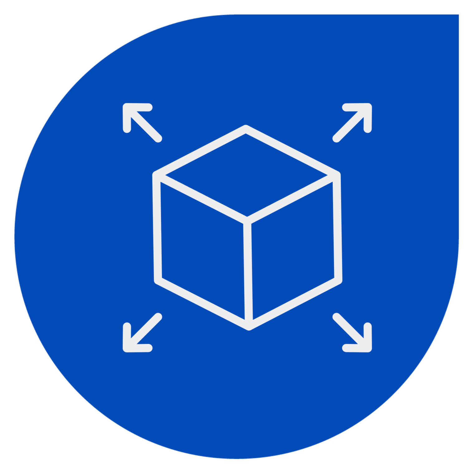 Blue circular icon with a white 3D cube and arrows pointing outward from all four sides.