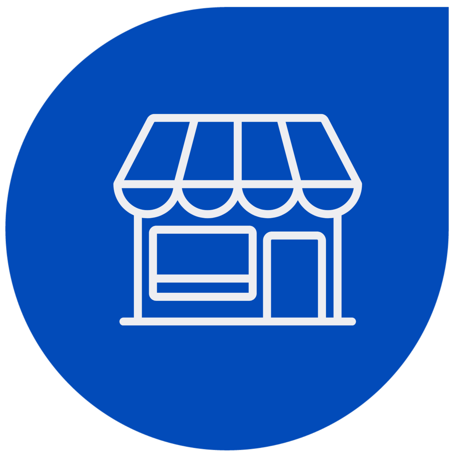 Icon of a storefront with a striped awning, door, and window, on a blue circular background.