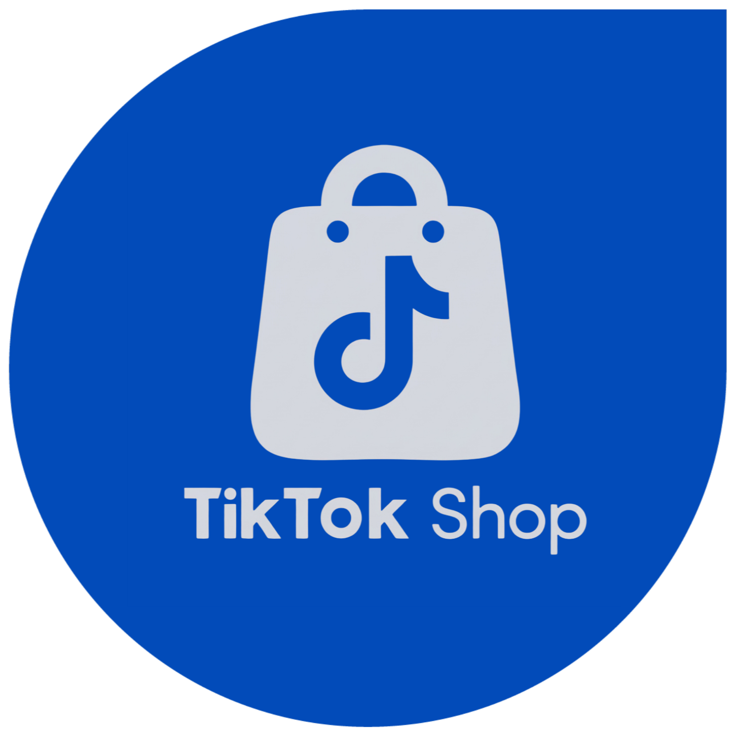 Logo for TikTok Shop featuring a shopping bag with a musical note on it, set against a blue background.