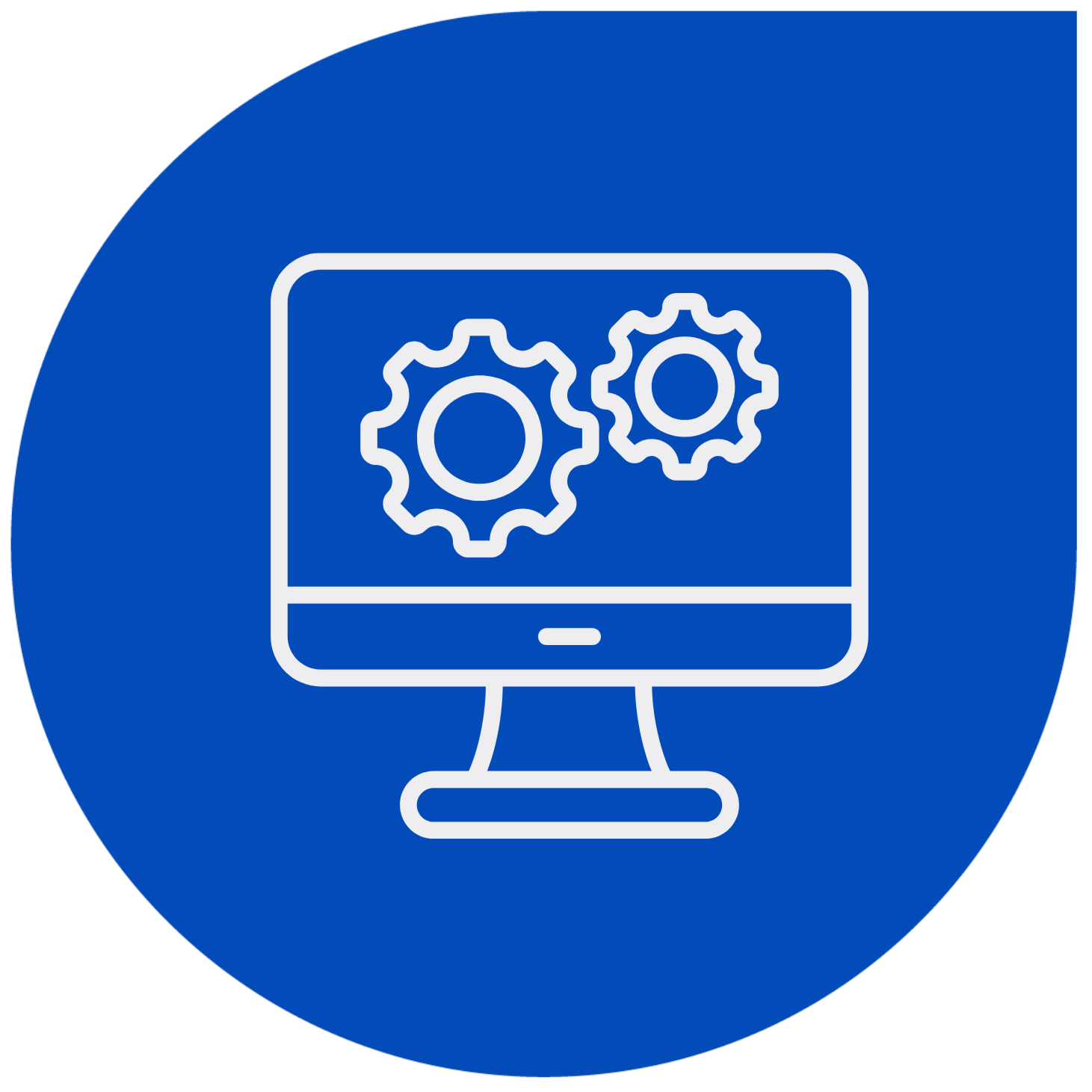 Icon of a computer monitor with two gear symbols on the screen, set against a blue circular background.