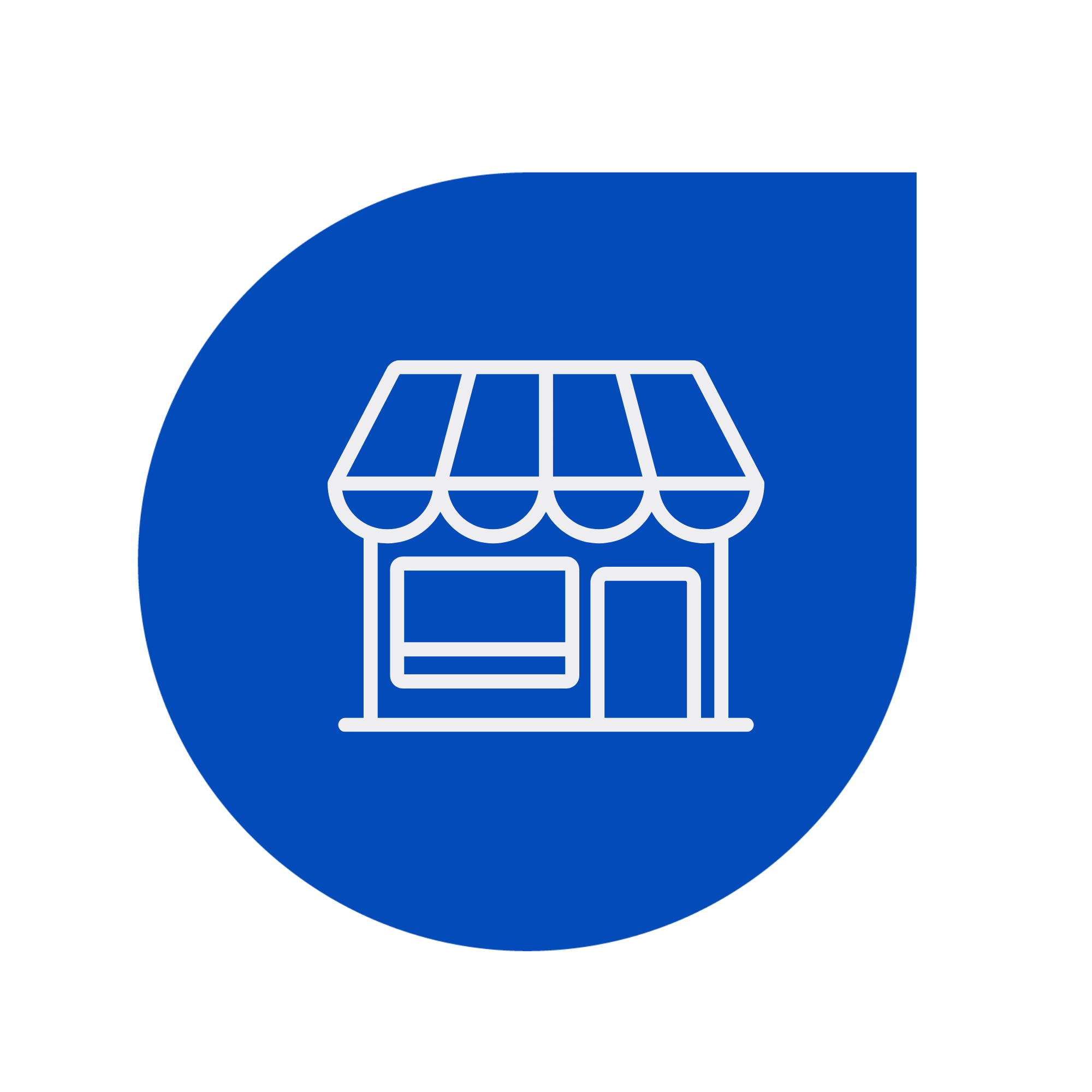 Blue circle with an outline of a store front and a canopy