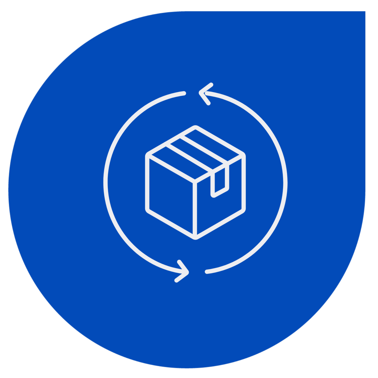Blue circular background with a white outline illustration of a cardboard box in the center, surrounded by two circular arrows indicating recycling or reuse.