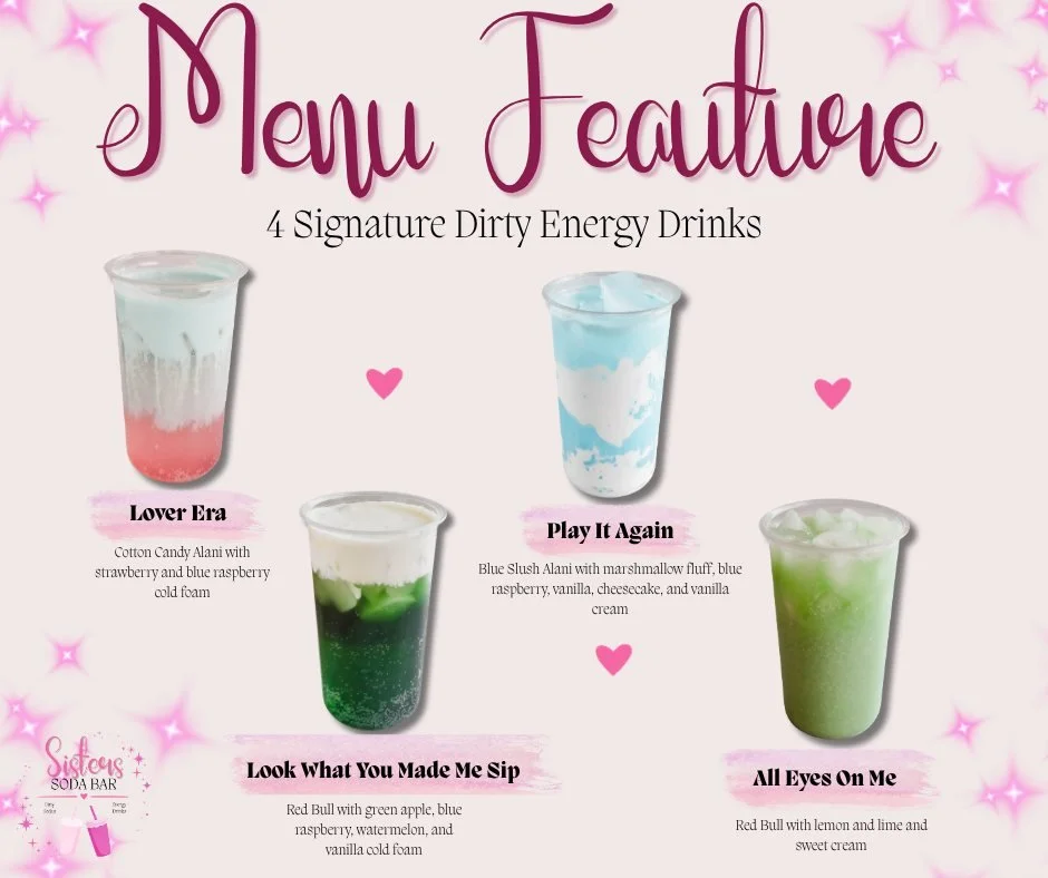 ⚡🥤 MENU FEATURE: DIRTY ENERGY DRINKS 🥤⚡

A little boost, a lot of flavor, and made right here for our hometown crew! 💕✨

Our dirty energy drinks are the perfect pick-me-up when you&rsquo;re running errands around town, meeting up with a friend, or
