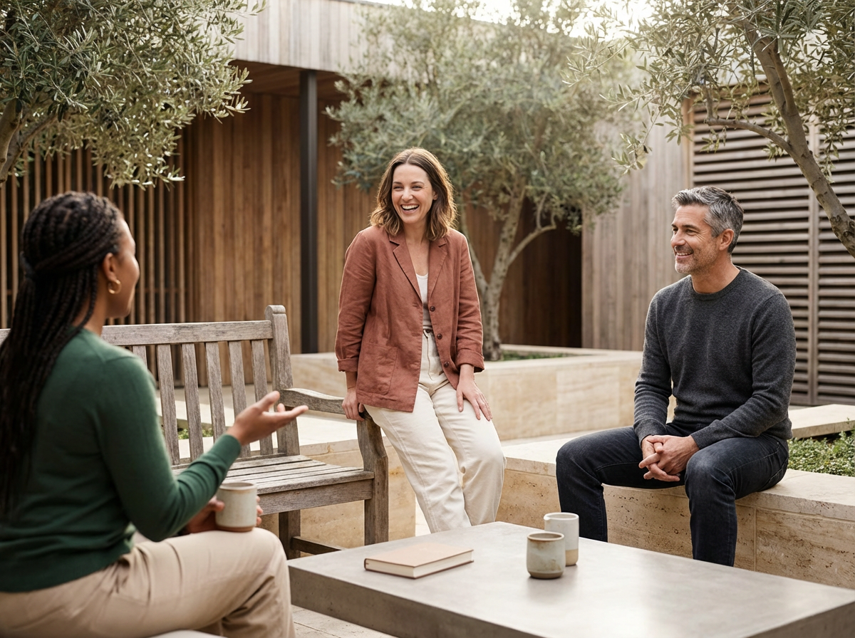 Three people sitting and standing in a courtyard with trees, wooden fence, and modern decor, enjoying a conversation and smiling.