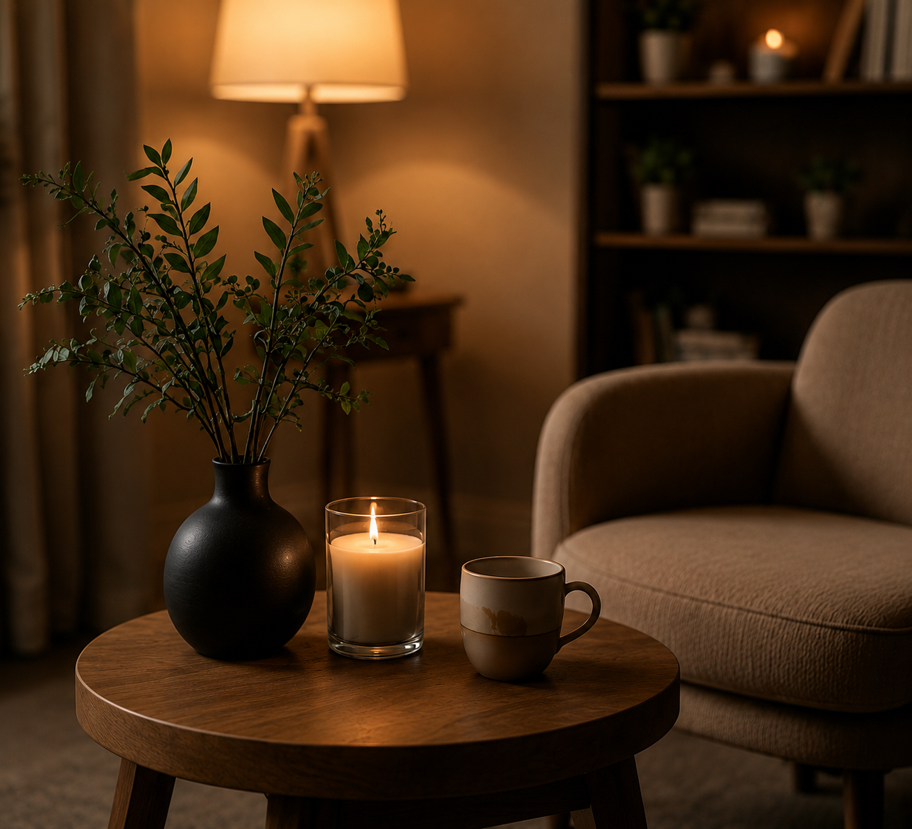 Warm, calming therapy setting with a candle, ceramic mug, greenery, and soft ambient lighting.
