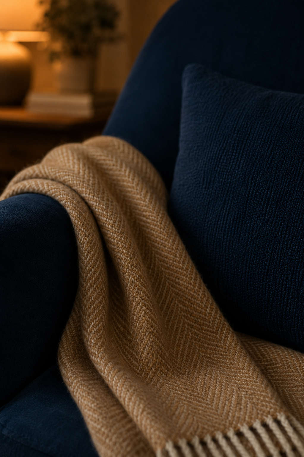 Soft tan blanket draped over a dark blue chair in a warm, calming room.