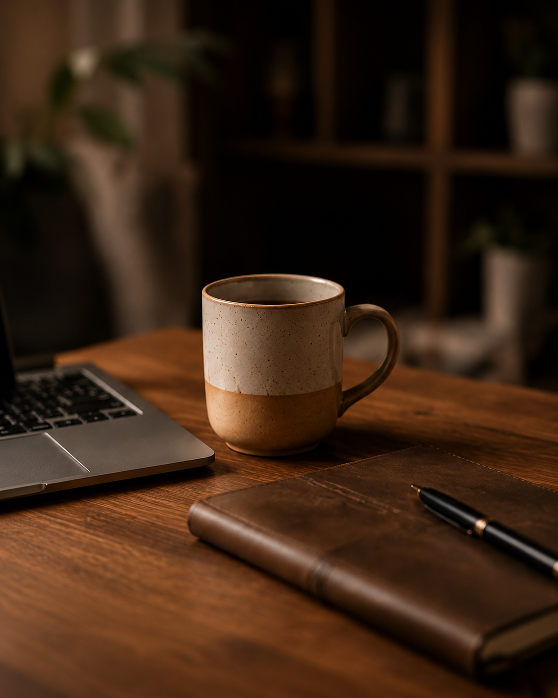 Laptop, ceramic mug, leather notebook, and pen arranged on a warm wooden desk.