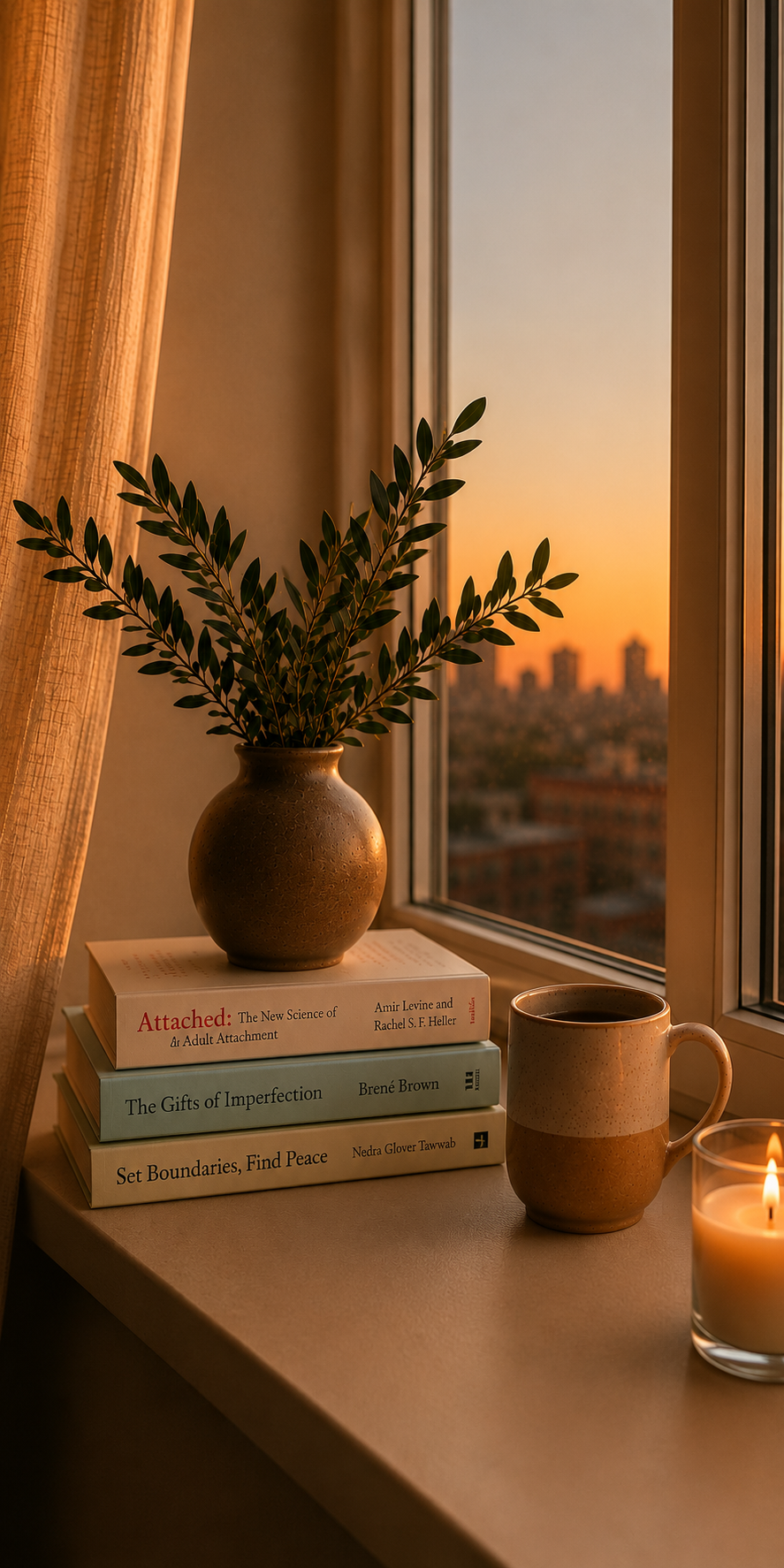 Stack of books about attachment, boundaries, and self-acceptance beside a mug, candle, and vase near a warmly lit window.Stack of books about attachment, boundaries, and self-acceptance beside a mug, candle, and vase near a warmly lit window.