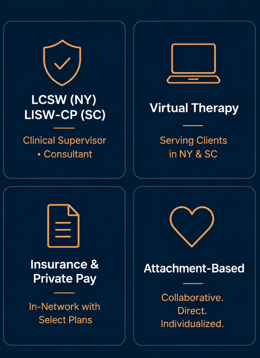 Mobile-friendly four-panel graphic showing Kait Schlesinger’s LCSW and LISW-CP credentials, virtual therapy in New York and South Carolina, insurance and private pay options, and an attachment-based approach.