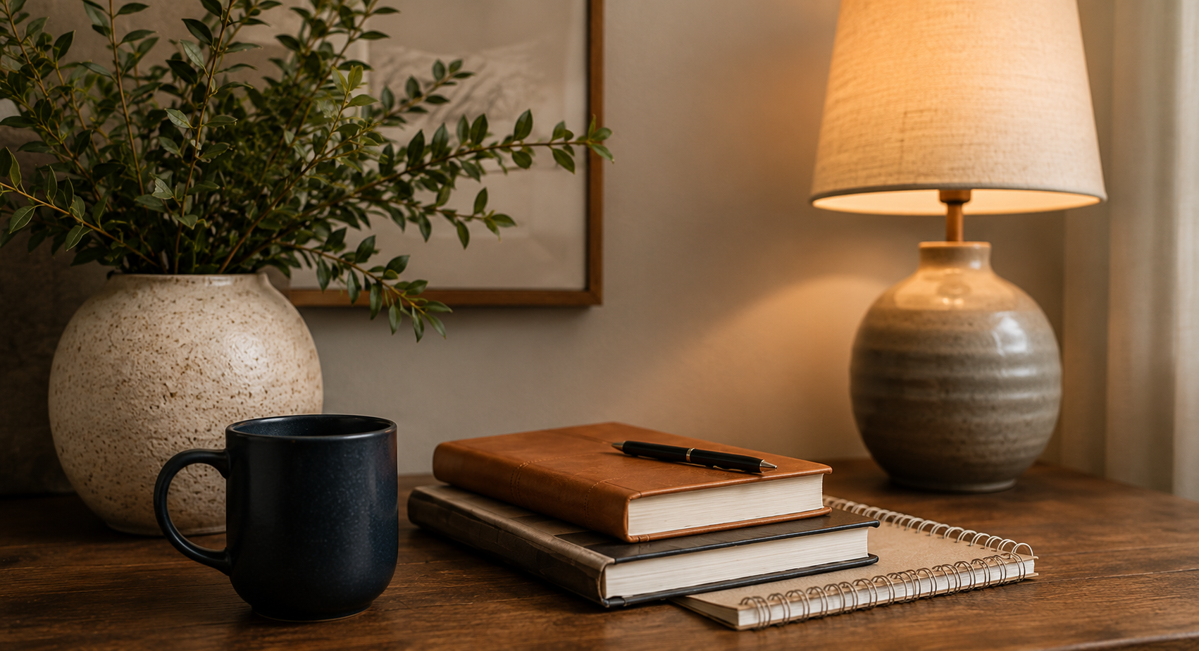 Notebook, books, pen, and mug arranged on a desk in a warm professional setting.
