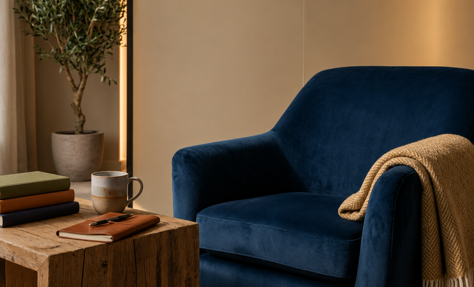 Blue chair beside a table with a notebook, books, and mug in a warm professional setting.