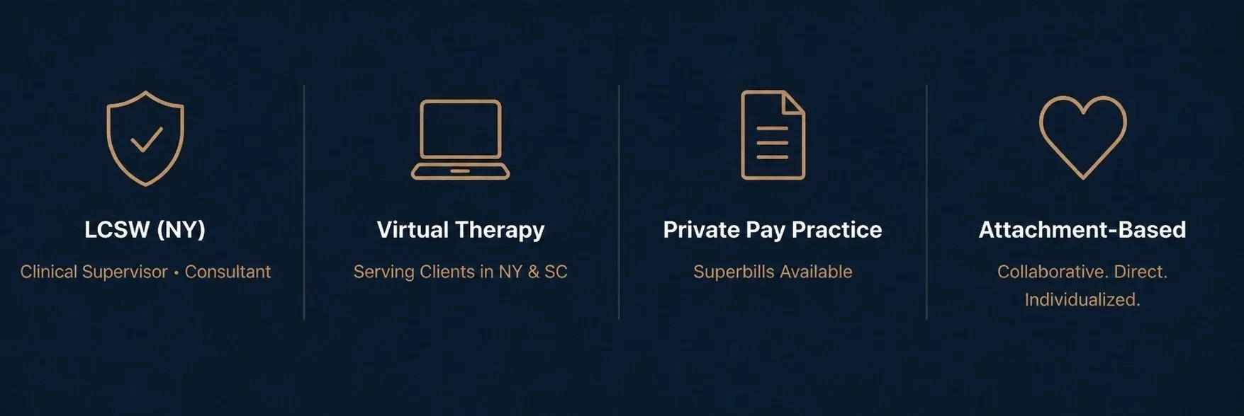Practice details for Kait Schlesinger, LCSW, including virtual therapy in New York and South Carolina, private-pay services, clinical supervision, and an attachment-focused approach.