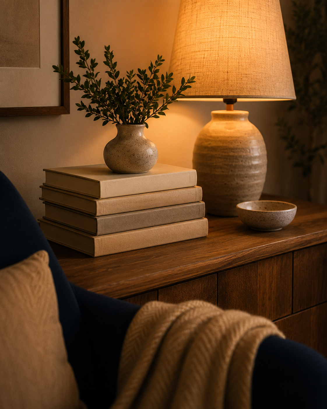 Warm therapy office detail with stacked books, greenery, soft lighting, and a cozy chair.