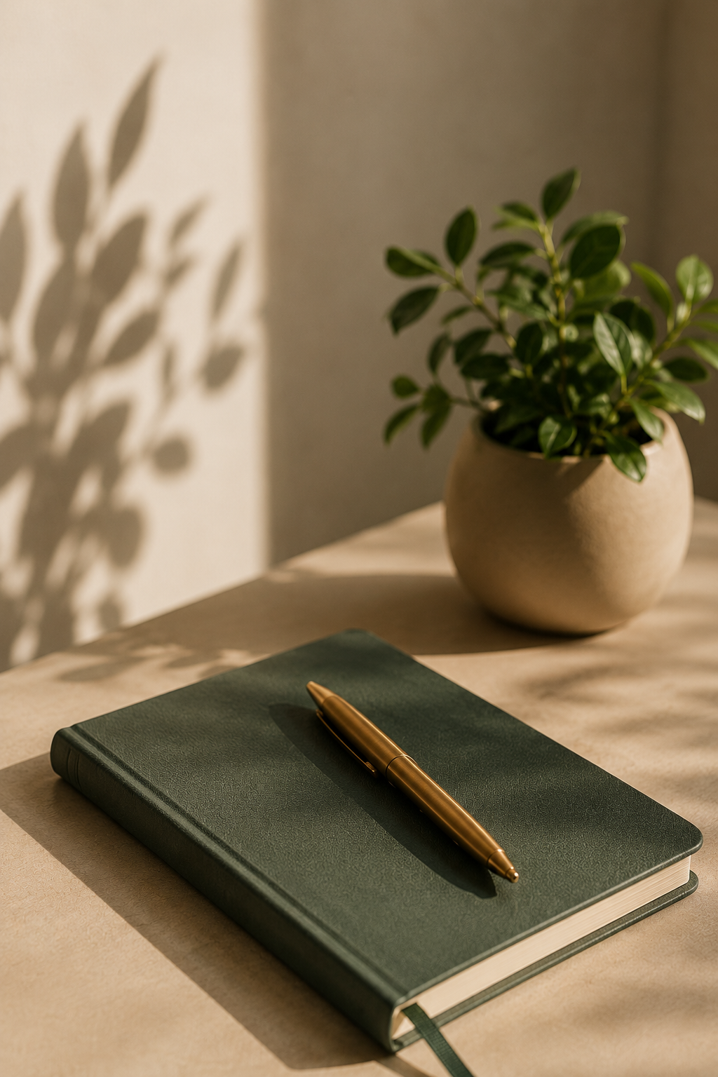 Dark green notebook and gold pen on a softly lit desk with leafy shadows in the background.