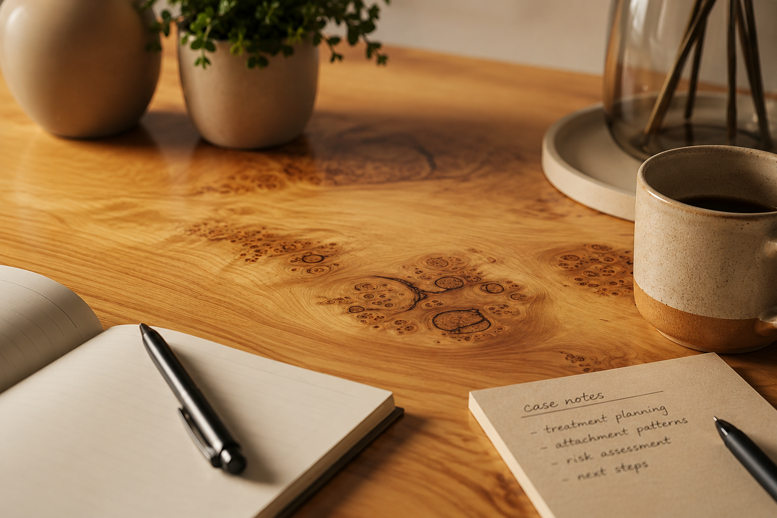 Open notebook and handwritten case notes beside pens and a mug on a wooden desk.