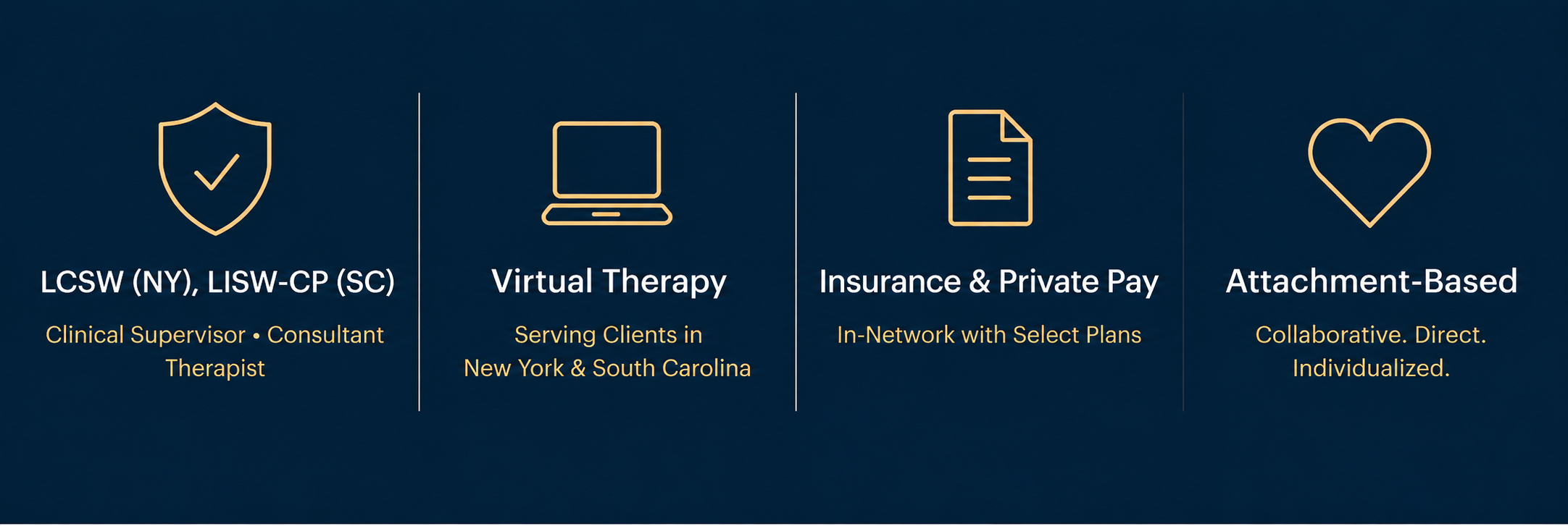 Four-column graphic highlighting Kait Schlesinger’s credentials as LCSW in New York and LISW-CP in South Carolina, virtual therapy for clients in NY and SC, insurance and private pay options, and an attachment-based approach.