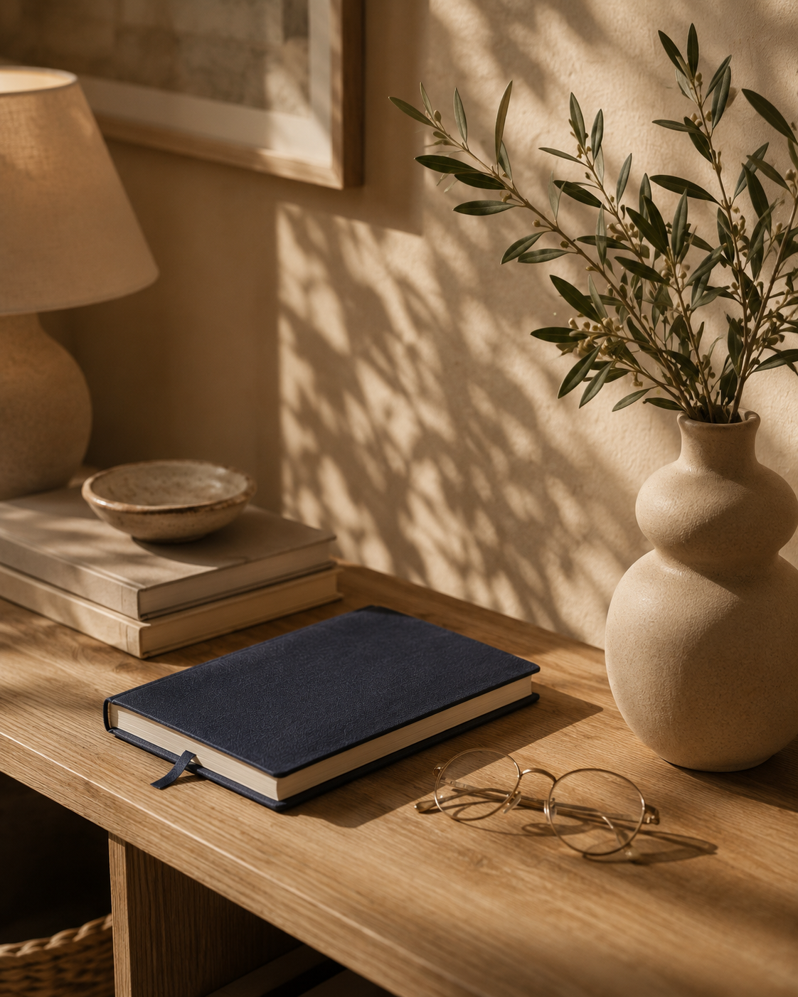 Navy journal, reading glasses, ceramic vase, and greenery arranged on a warmly lit wooden table.