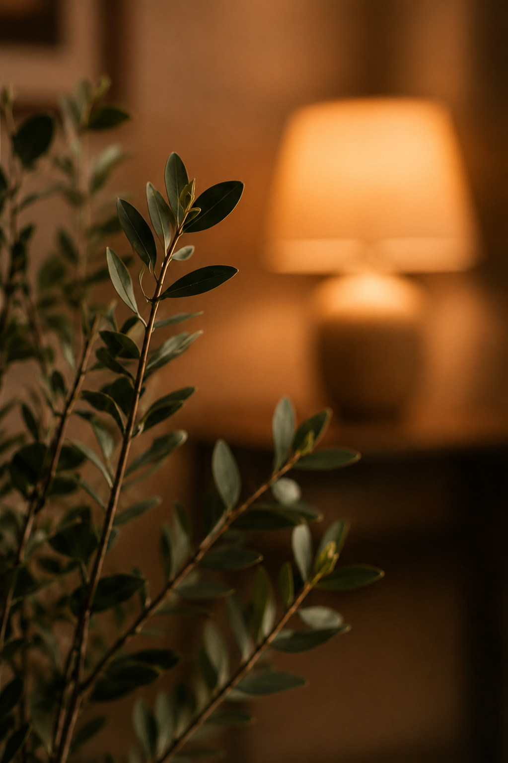 Close-up of leafy greenery with warm, softly blurred lighting in the background.