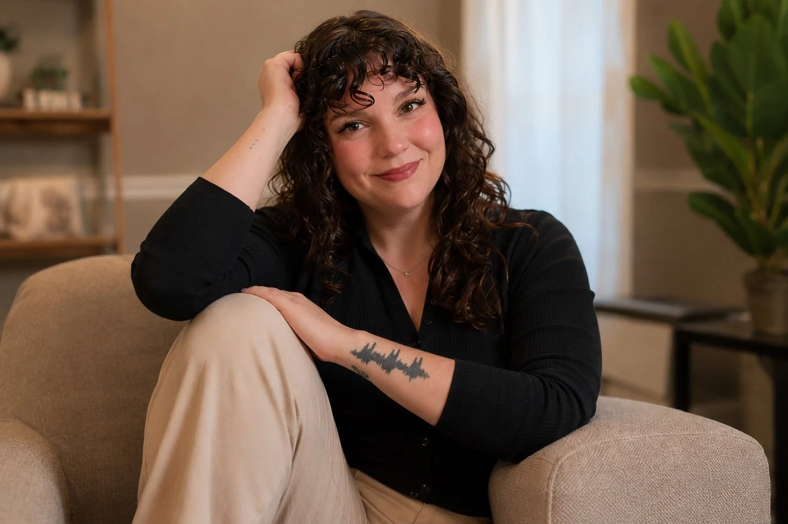 Kait Schlesinger, LCSW, seated in a warm, professional setting.