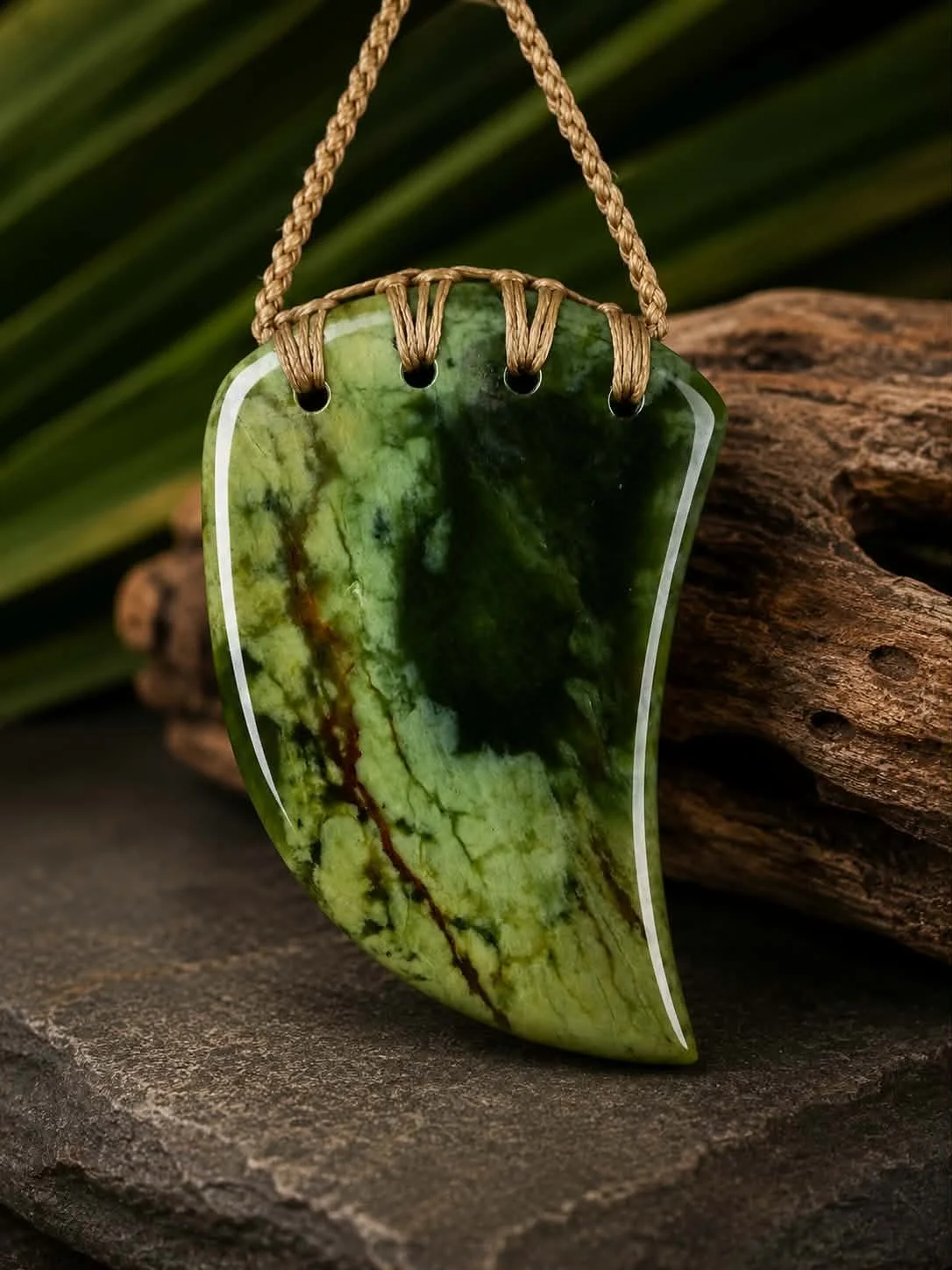 A green and black marbled pendant hanging from a tan cord, resting on a textured wood surface with green foliage in the background.