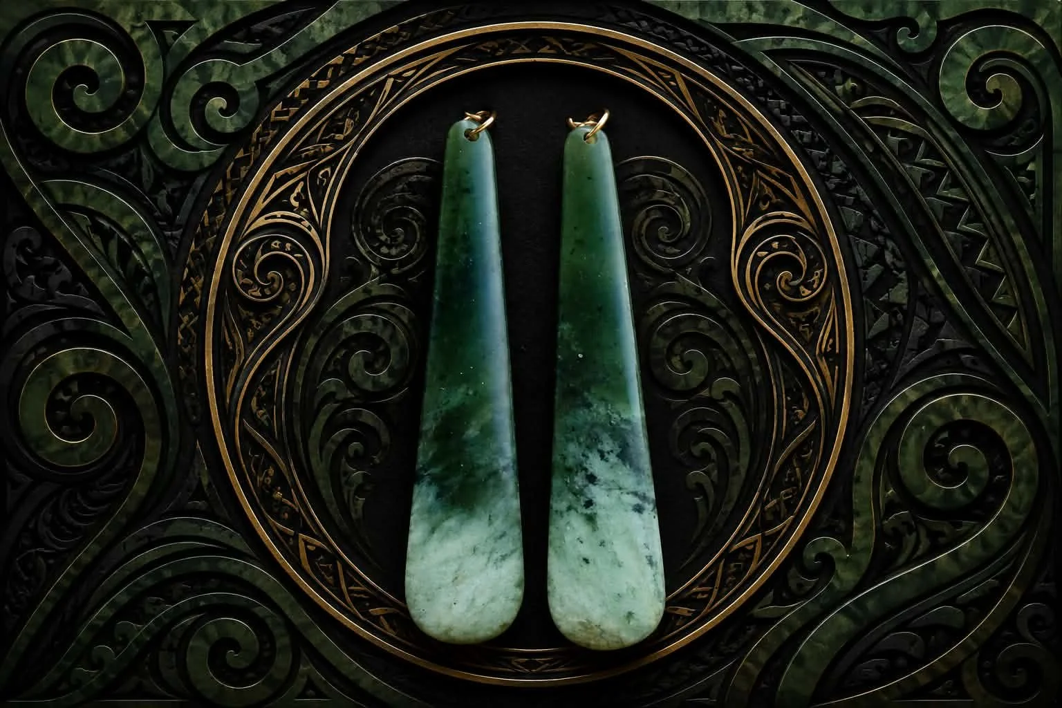 Green jade earrings hanging on ornamental black and gold decorative background.