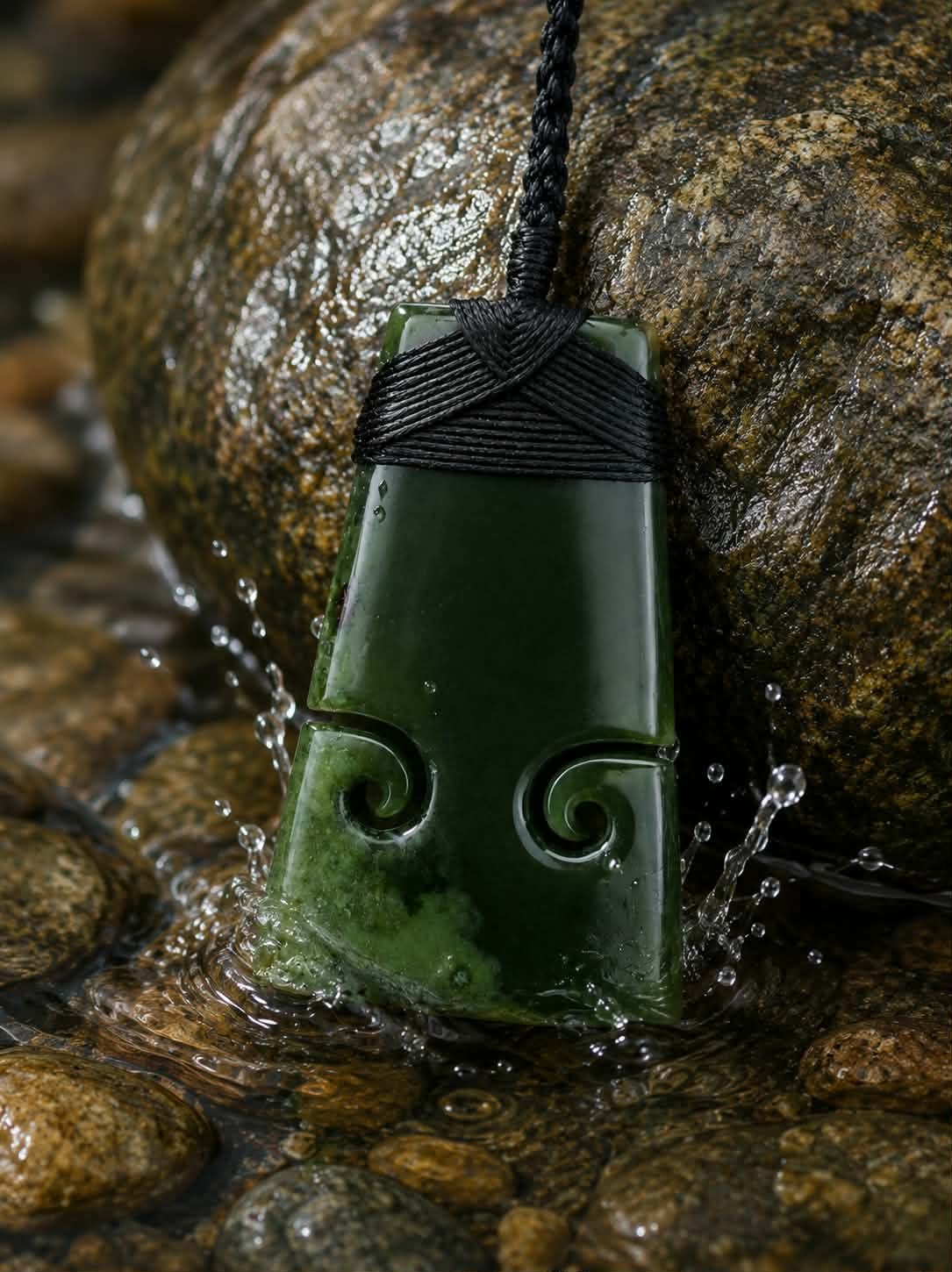 Close-up of a green jade pendant with spiral carvings hanging from black cord, resting against a wet rock surface with water splashing around.