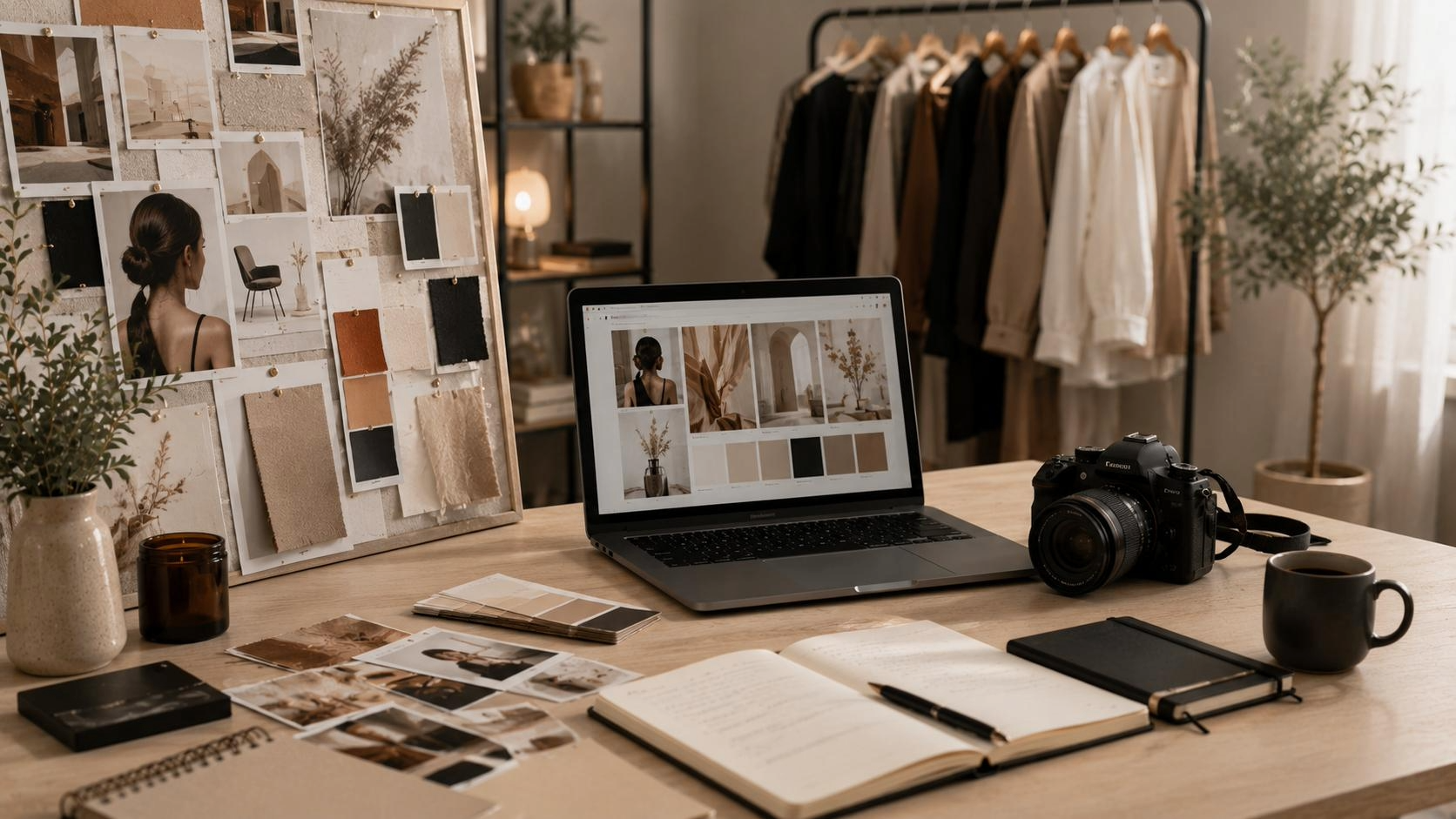 Creative workspace with a brand mood board, camera, printed photos, and design samples used for visual brand development.