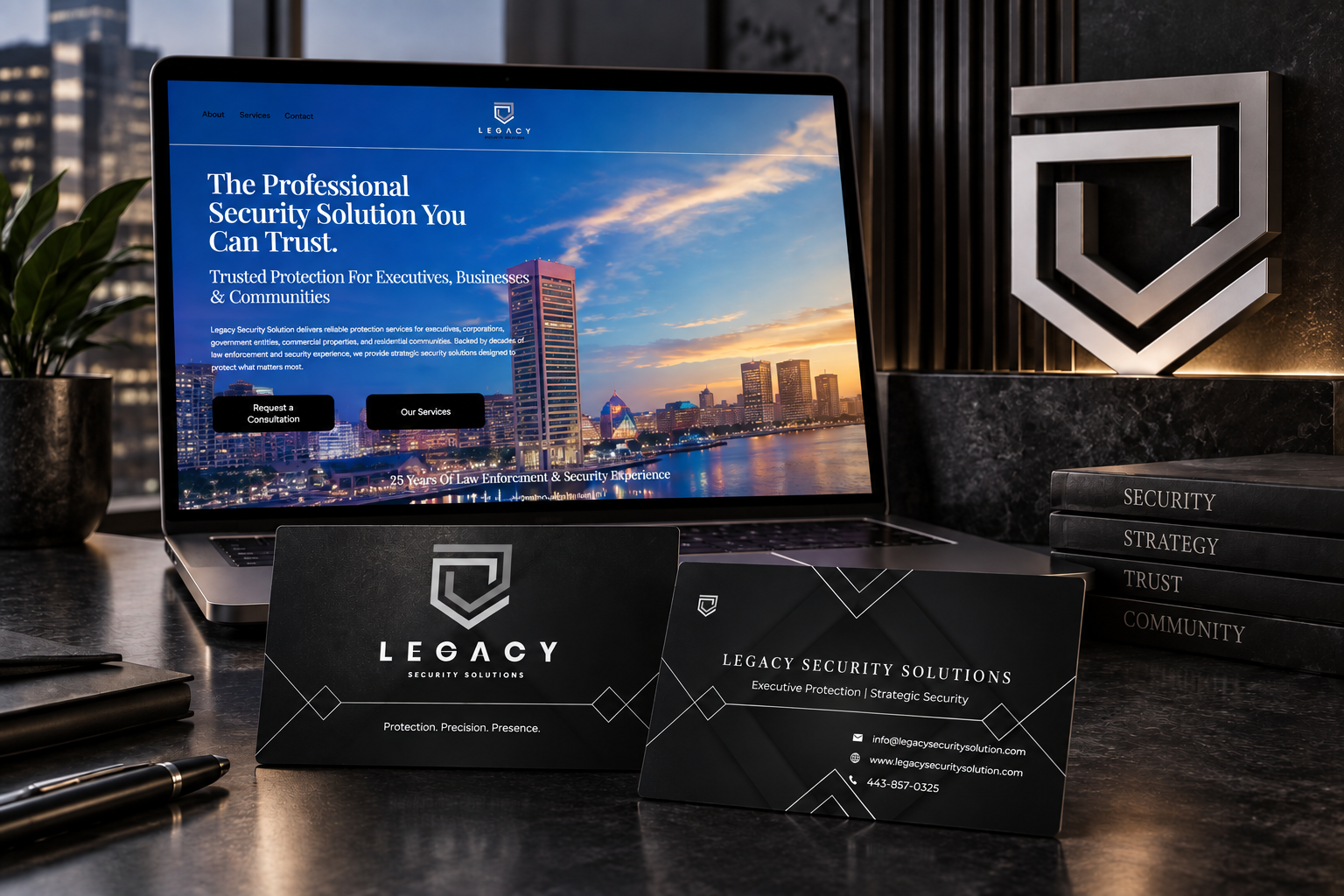 Legacy Security Solutions brand development project featuring website design, branded business cards, and a professional visual identity created by Seen & Developed Co.