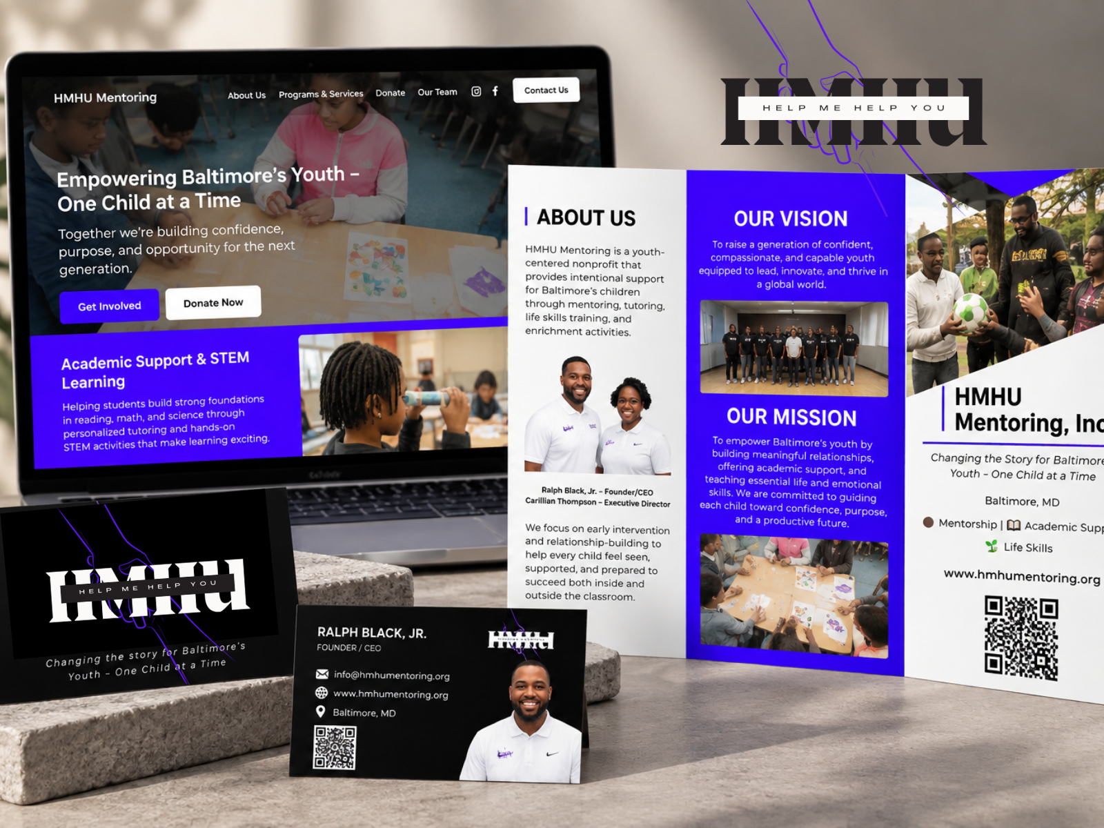 HMHU Mentoring brand development project featuring website design, marketing materials, and a cohesive visual brand created by Seen & Developed Co.