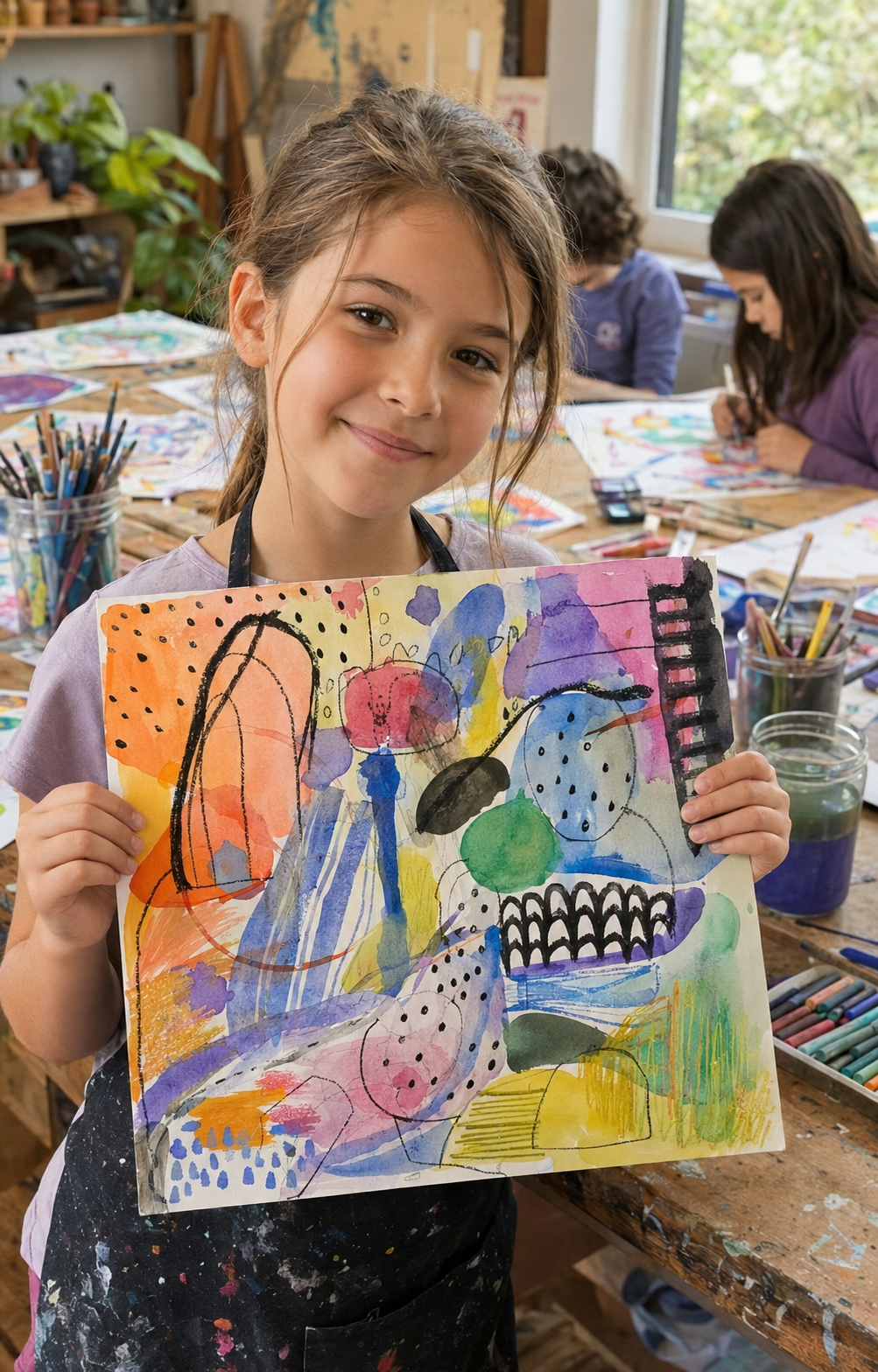 A child holding up a bright, abstract painting, with kids making art at a table behind.