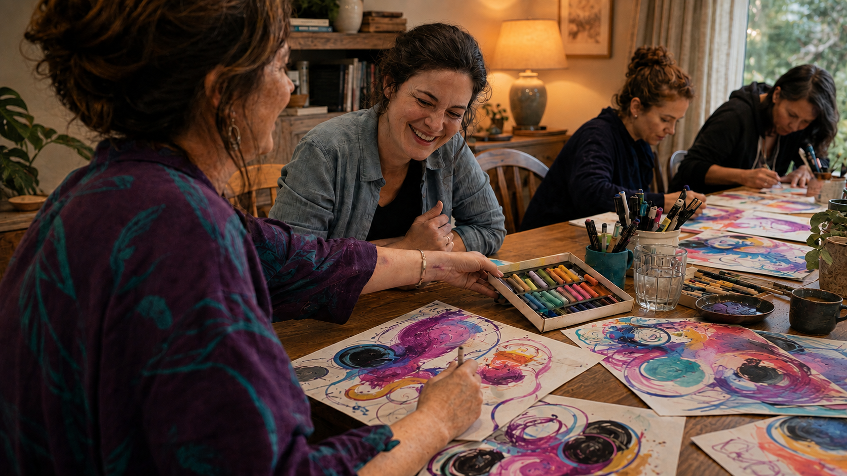 Women laughing and drawing with soft pastels at a relaxed adult art class.
