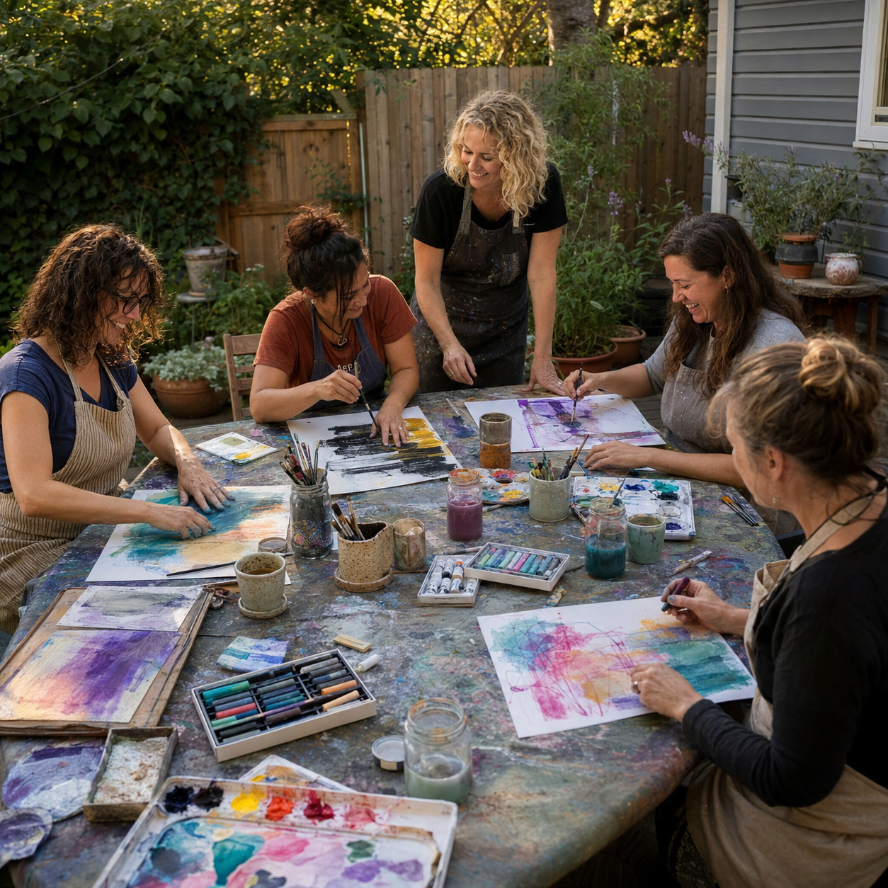 Six women painting together with watercolors at a private outdoor art session.