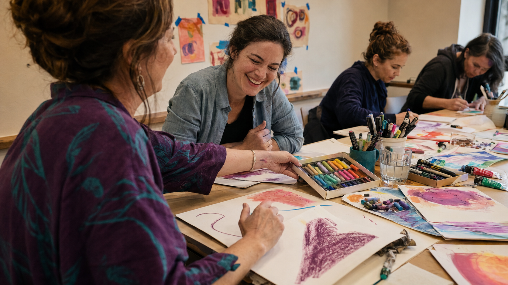 Adults laughing and painting together with soft pastels at a relaxed art class.